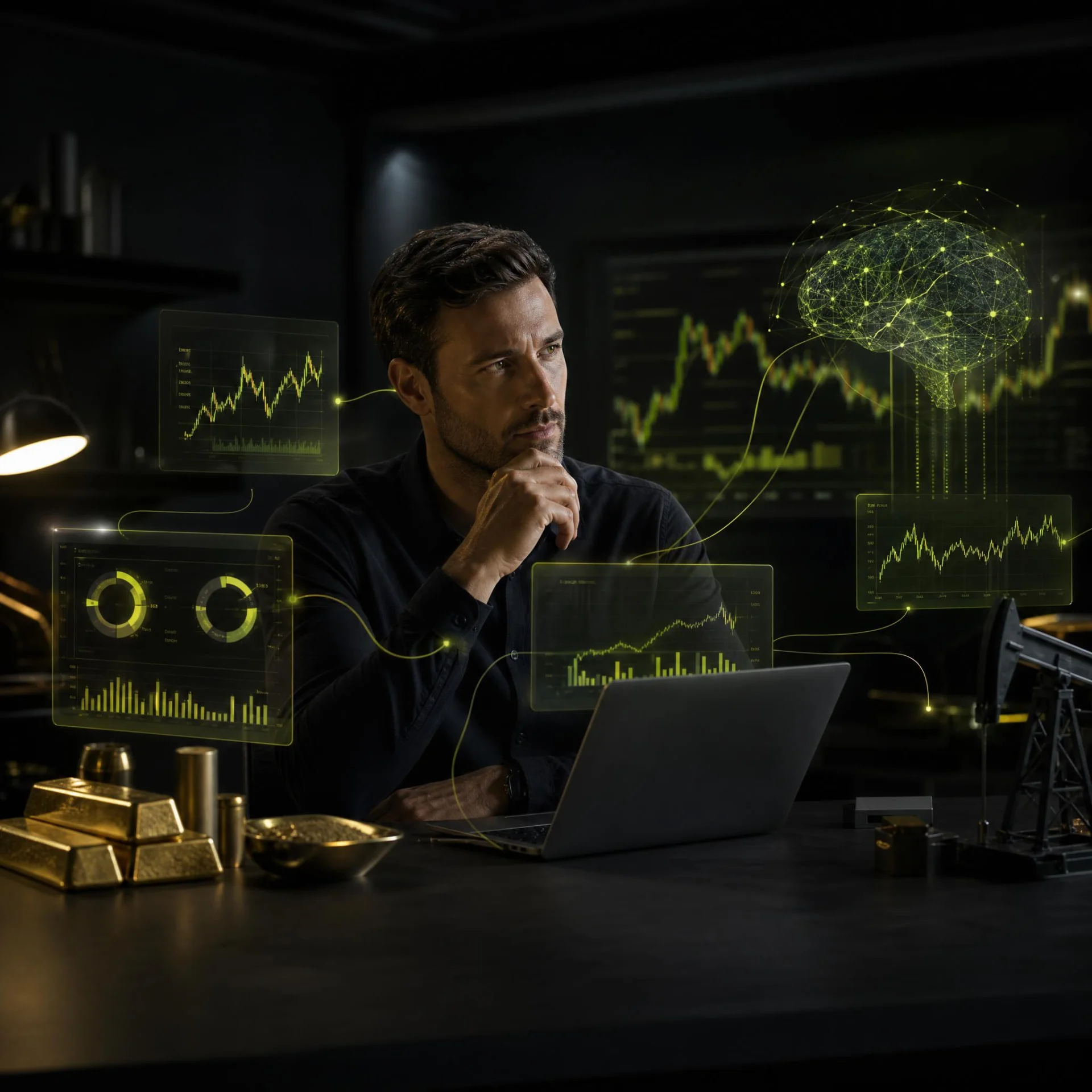 Professional investor analyzing transparent AI signals with control and clarity