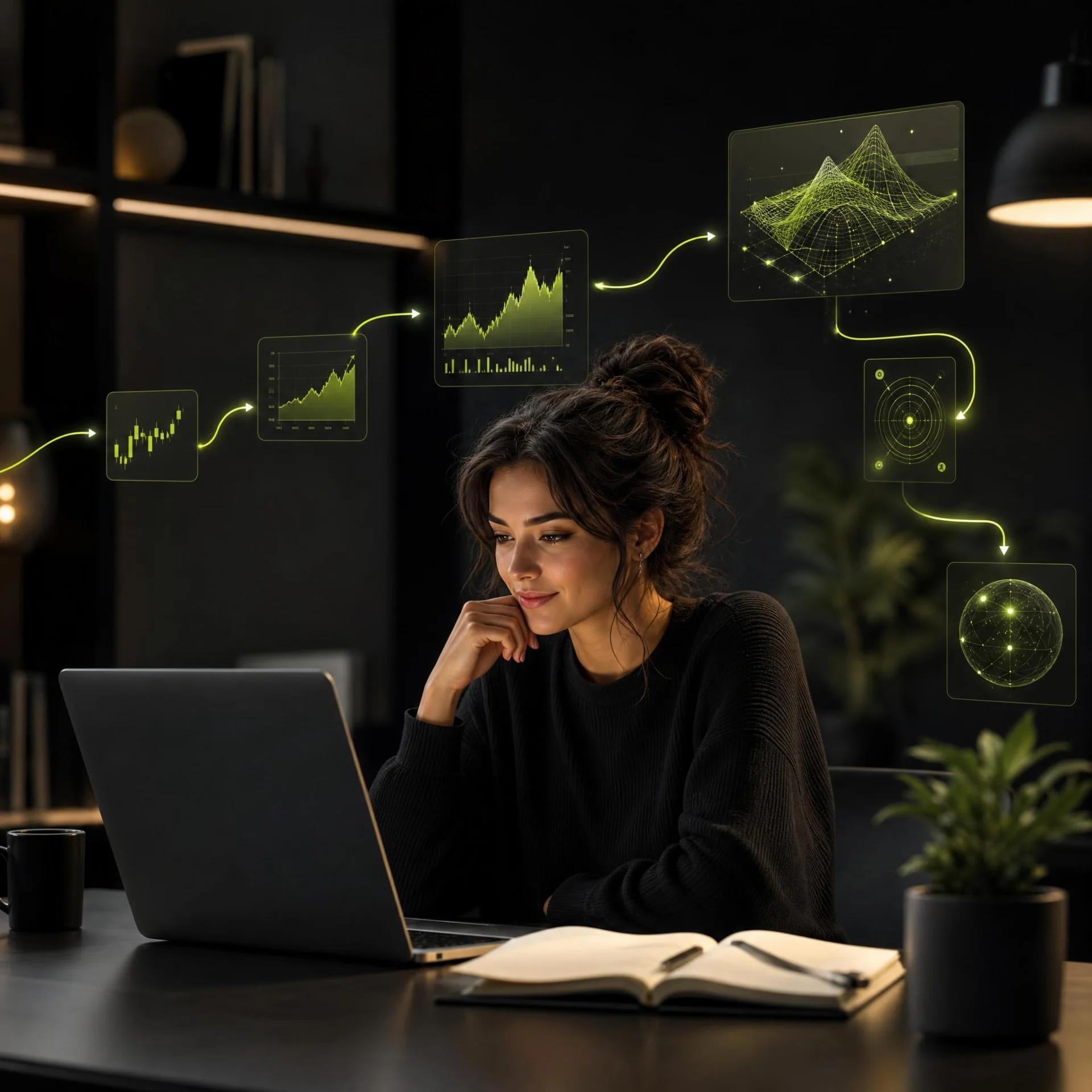 Curious learner exploring AI market analysis with holographic charts
