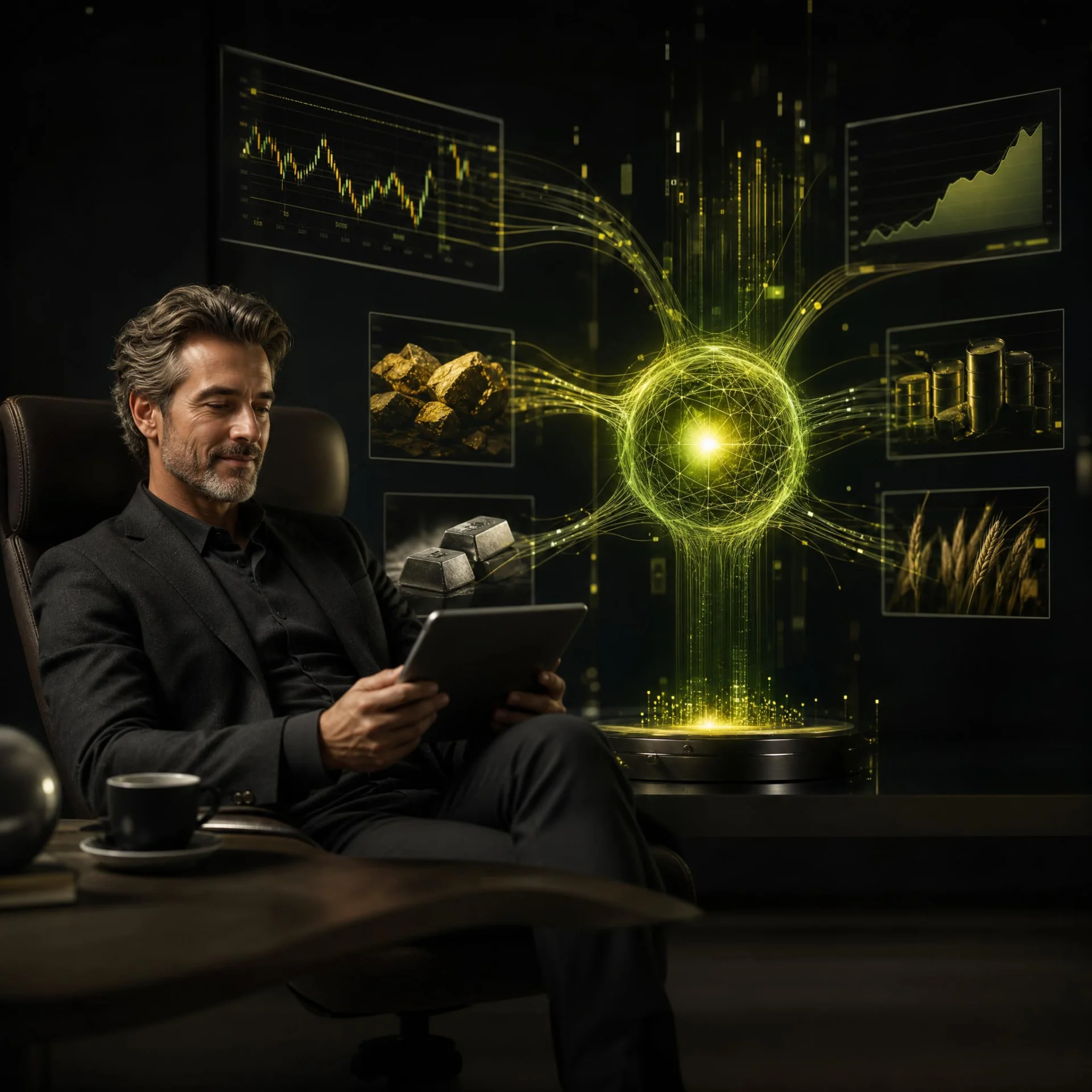 Trader analyzing AI-powered commodity market signals across holographic charts